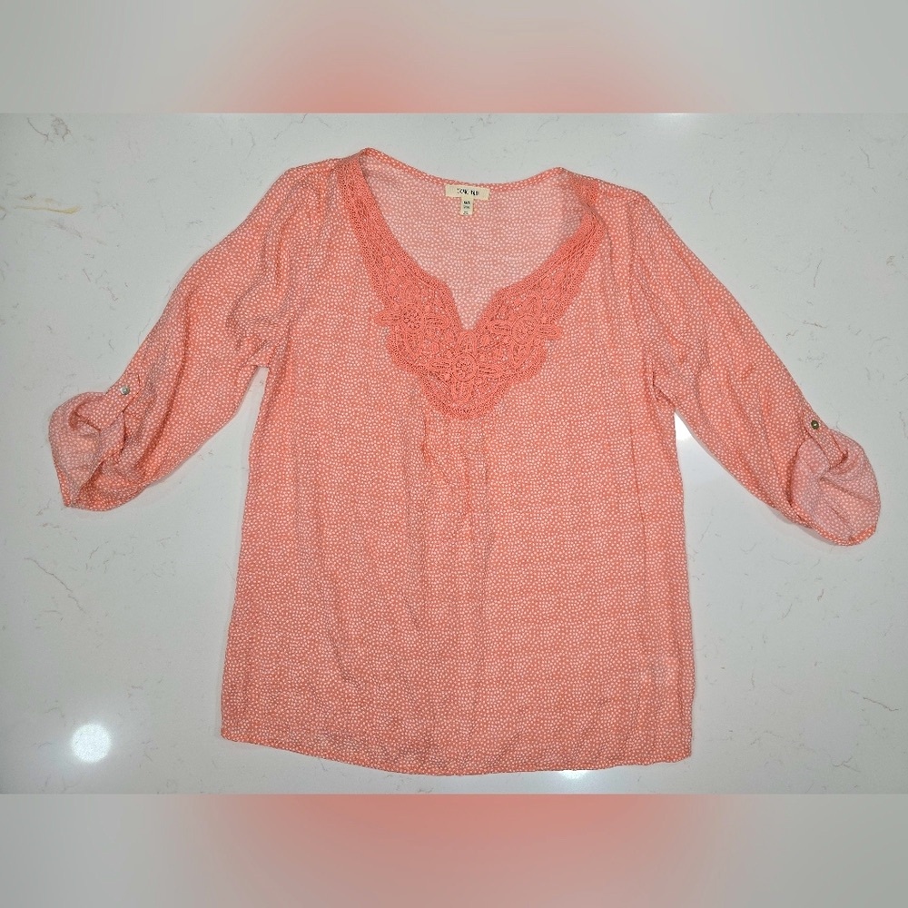 Como Blu Pink Lace 1/4 Sleeve Womens Blouse‎ Top Size Large